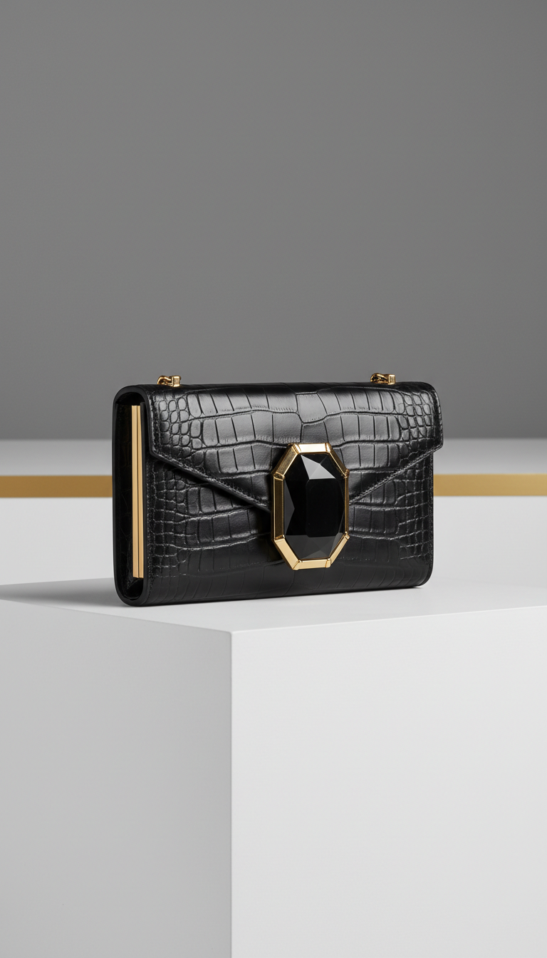Mini crocodile clutch with obsidian accent